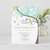 Birds Hearts Tree Blue und Green Baby Shower Einladung (Stehend Vorderseite)
