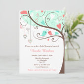 Birds Hearts Tree Mint und Coral Baby Dusche Einladung (Stehend Vorderseite)