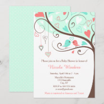 Birds Hearts Tree Mint und Coral Baby Dusche
