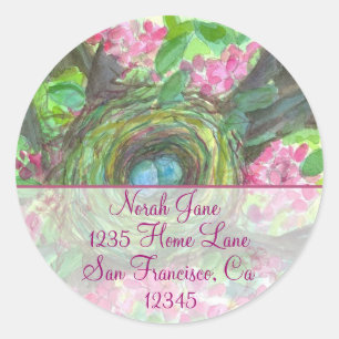 Birds Nest Spring Blume Wasserfarbe Rücksendeadres Runder Aufkleber