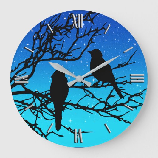 Birds on a Branch, Black Against Evening Blue Große Wanduhr (Vorderseite)