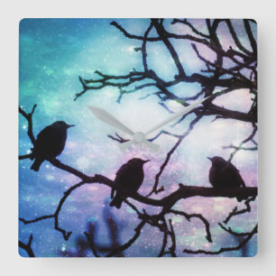 Birds on a Branch - Starlight Wall Clock Quadratische Wanduhr