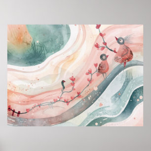 Birds on a Heart Branch Poster