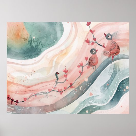 Birds on a Heart Branch Poster (Vorne)