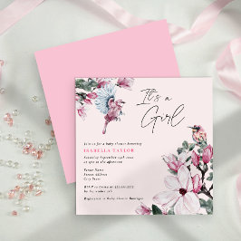 Birds & Pink Floral Girl Baby Dusche Einladung