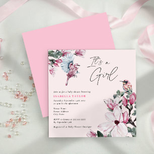 Birds & Pink Floral Girl Baby Dusche Einladung