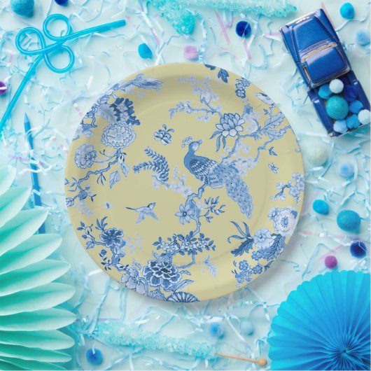 Birds Toile Blue & Mustard Pappteller (Party)