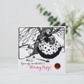 BIRDS TREM UND CHRISTMAS LADY Schwarz-weiß Red Gem Einladung (Stehend Vorderseite)
