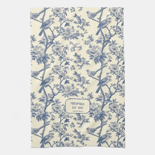 Birdsong Cobalt und Cream Toile de Jouy Geschirrtuch (Vertikal)