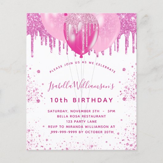 Birgday pink white girl Ballon Budget Einladung Flyer (Vorne)
