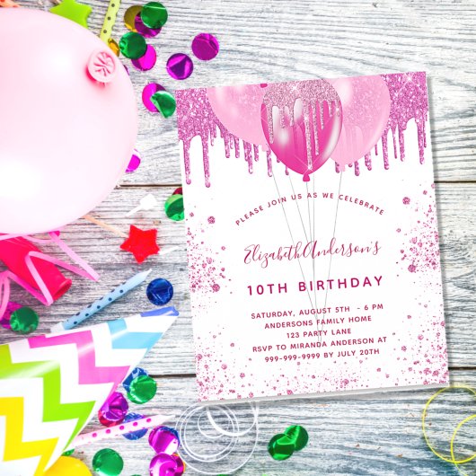 Birgday pink white girl Ballon Budget Einladung Flyer