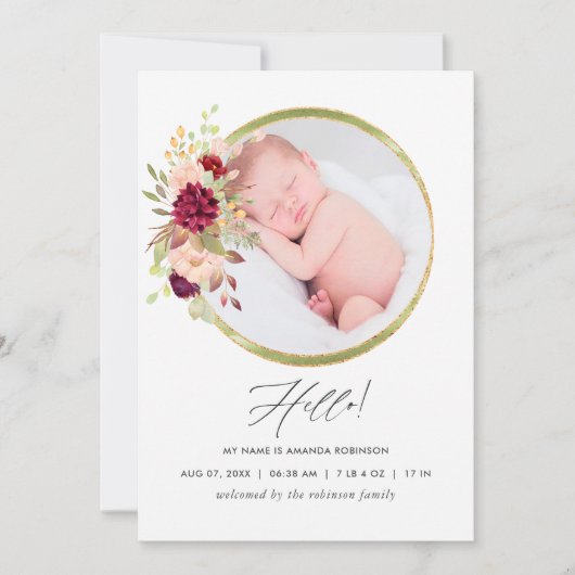 Birgundy-Marsala und Blush Birth Announcement Card Ankündigung (Vorderseite)