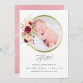 Birgundy-Marsala und Blush Birth Announcement Card Ankündigung (Vorne/Hinten)