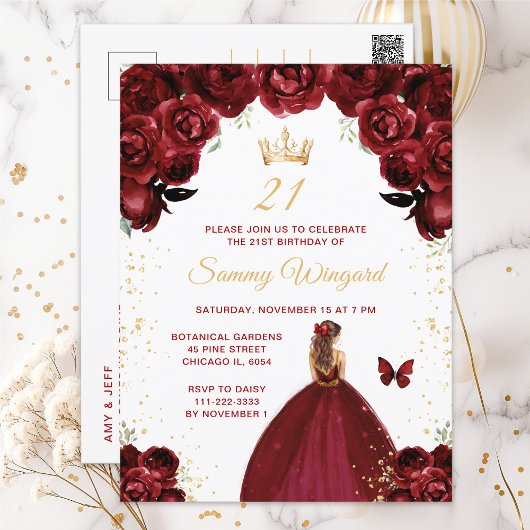 Birgundy Red Brown Hair Princess Birthday Party Postkarte