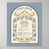 Birkat Habayit Hebrew English Floral on Blue Art Poster (Vorne)