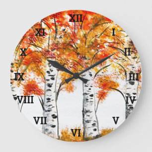 Birken Bäume Herbst Blätter Orange Wald Große Wanduhr
