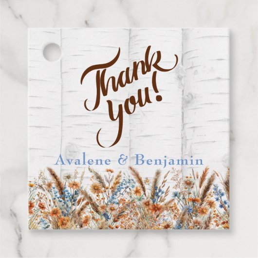 Birkenbaum im Herbst und Wildblumen Hochzeit Danke Geschenkanhänger (Vorderseite)