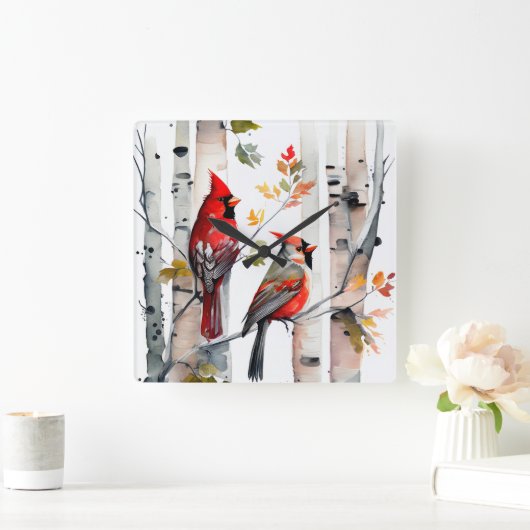 Birkenbaum und Kardinal-Wall-Uhr Quadratische Wanduhr (Zuhause)