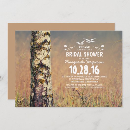 Birkenbaum und Liebe rustikales Brautparty Einladung (Vorne/Hinten)