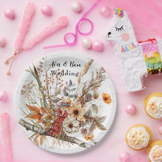 Birkenbaum und Wildblumen Hochzeit im Herbst Pappteller (Party)