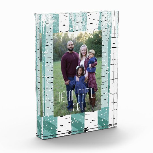 Birkenbäume Schneeflocken Winterwald gestreift Fotoblock (Links)