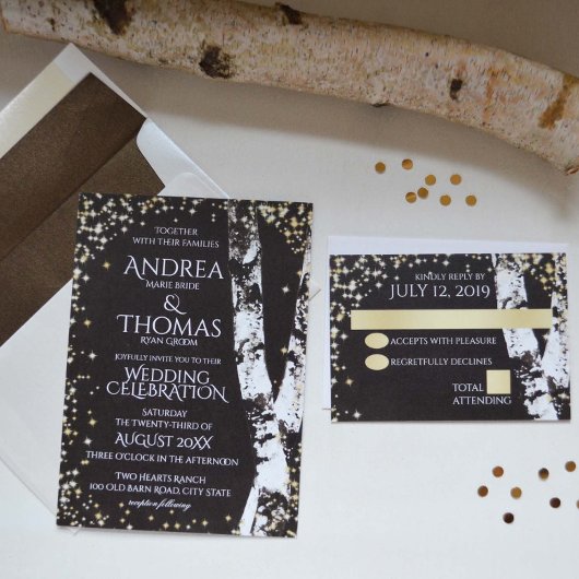 Birkenbäume und Sparkle-Hochzeit Einladung