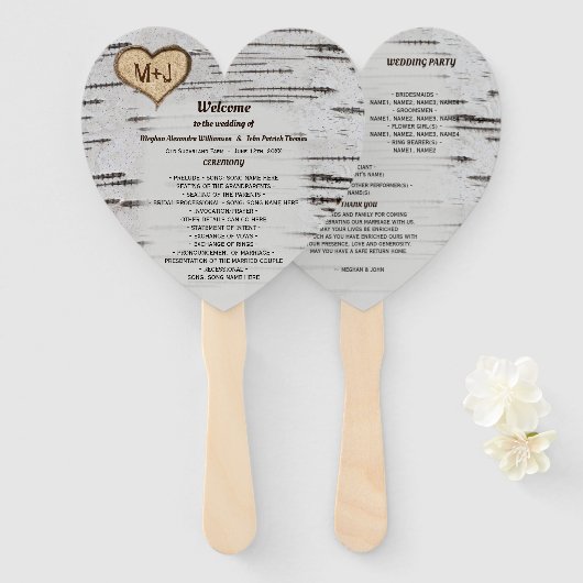 Birkenbaumherz Initialen eines rustikalen Hochzeit Fächer (Vorne und Hinten)