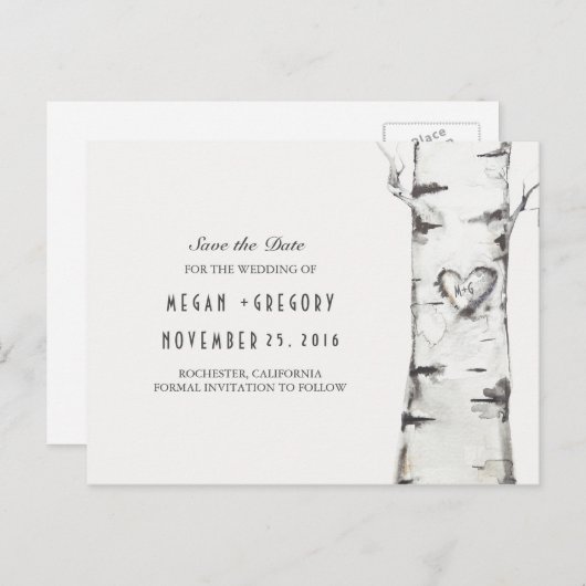 Birkenbaumherz Save the Date Ankündigungspostkarte (Vorne/Hinten)