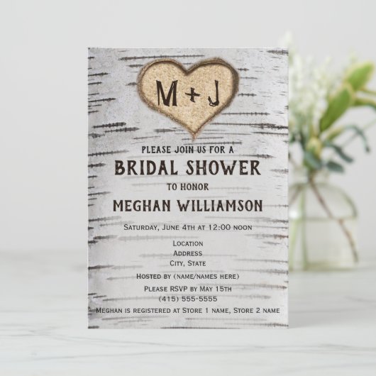 Birkenherz Initialen Brautdusche Einladung (Stehend Vorderseite)