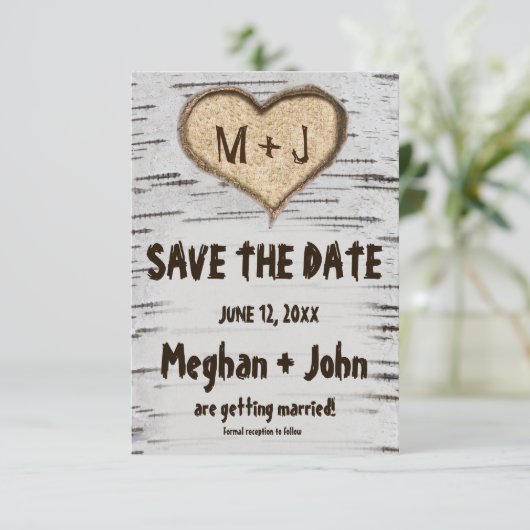 Birkenherz Initialen rustikal Save the Date Einladung (Stehend Vorderseite)