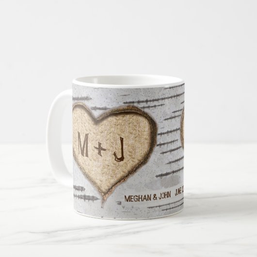 Birkenherz-Initialen rustikale Hochzeit Kaffeetasse (Vorderseite Links)