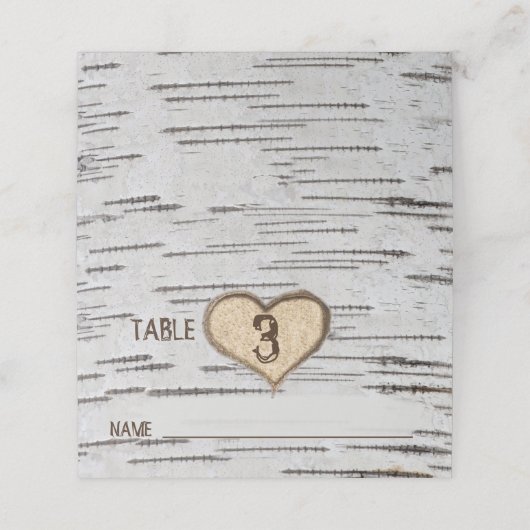 Birkenherz-Initialen rustikale Hochzeit Platzkarte (Außenseite Aufgefaltet)