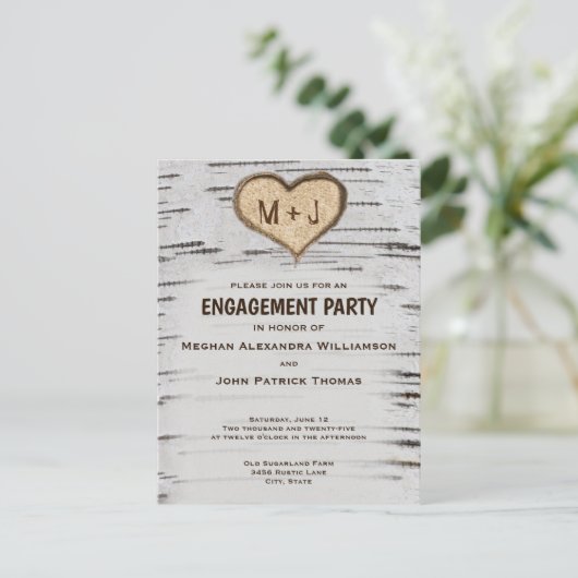 Birkenherz initialisiert rustikale Begegnungsfeier Postkarte (Stehend Vorderseite)