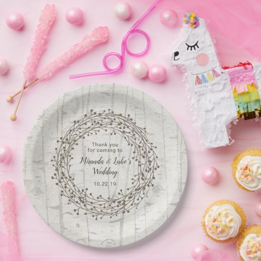 Birkenholzdekor, rustikaler Birkenholzkranz Pappteller (Party)