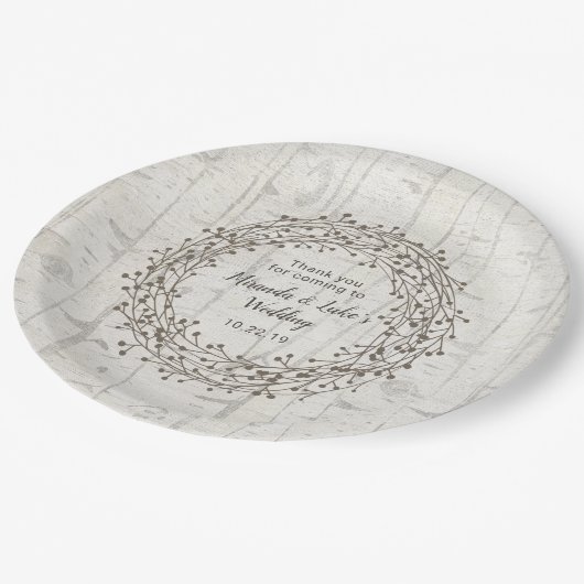 Birkenholzdekor, rustikaler Birkenholzkranz Pappteller (Schrägansicht)