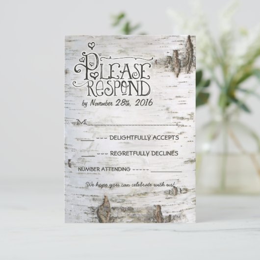 Birkenrinde-Hochzeit RSVP (Stehend Vorderseite)