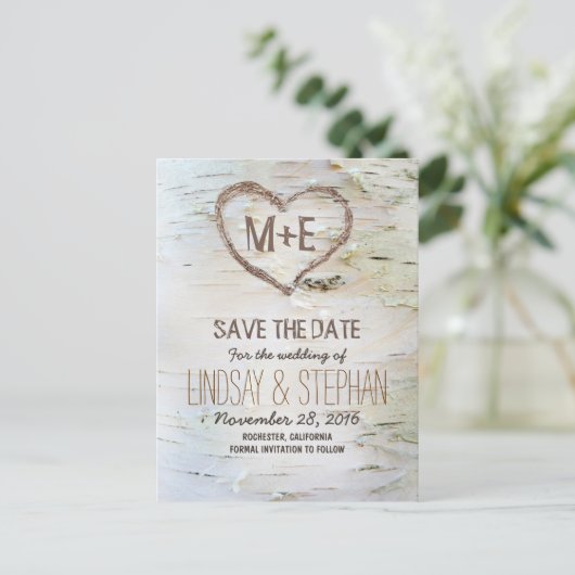 Birkenrinde rustikale Save the Date Postkarten (Stehend Vorderseite)