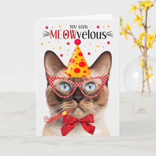 Birmanisches Siegel Point Cat MEOWvelous Birthday Karte (Gelbe Blume)