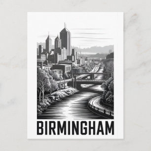 Birmingham Alabama Skyline Schwarz Weiß Holzschnit Feiertagspostkarte