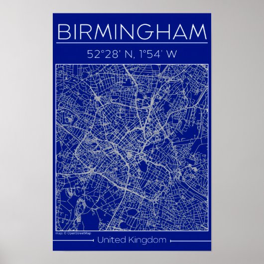 Birmingham Blueprint Stadtplan Poster Minimal Wand (Vorne)