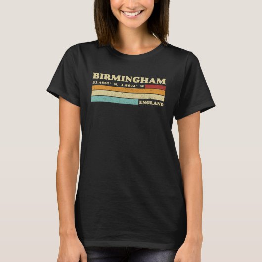 Birmingham England City Retro Longitude Latitude T-Shirt (Vorderseite)