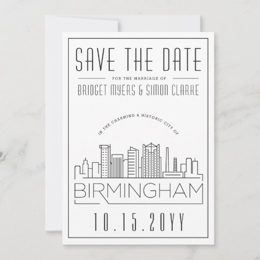 Birmingham Wedding Stylized Skyline Save the Date Einladung (Vorderseite)