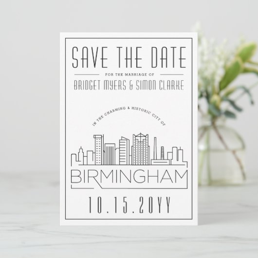 Birmingham Wedding Stylized Skyline Save the Date Einladung (Stehend Vorderseite)