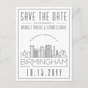 Birmingham Wedding Stylized Skyline Save the Date Postkarte