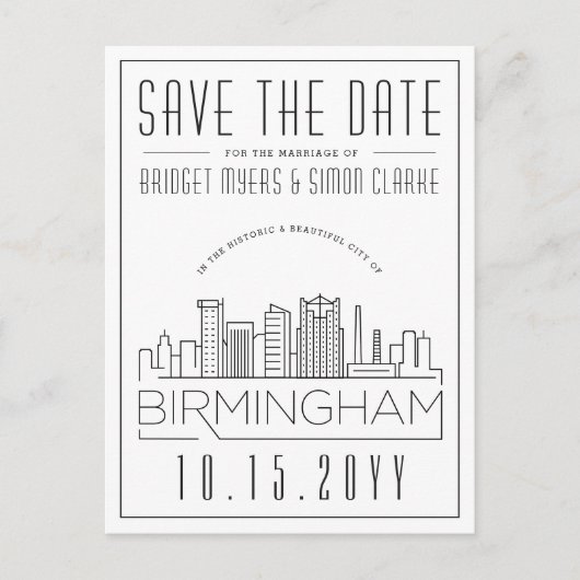 Birmingham Wedding Stylized Skyline Save the Date Postkarte (Vorderseite)