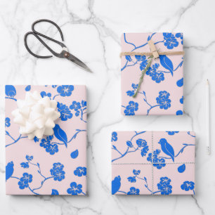 Birnen auf Kirschblüten Blau auf Weiß Geschenkpapier Set