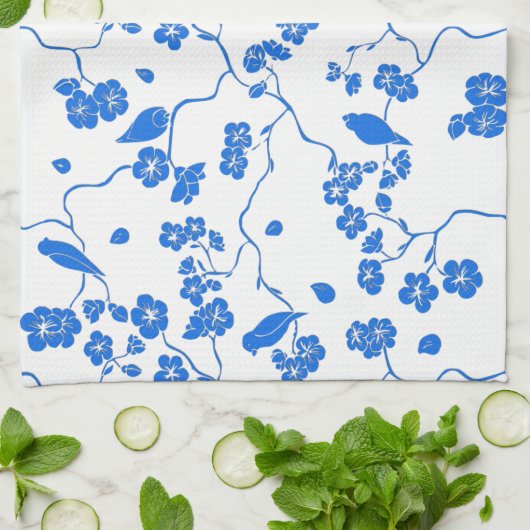 Birnen auf Kirschblüten Blauer Druck Geschirrtuch (Gefaltet)