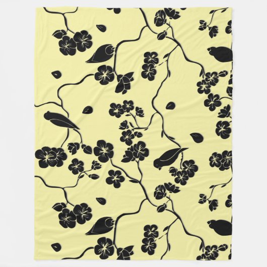 Birnen auf Kirschblüten Schwarz auf Zitronengelb Fleecedecke (Vorderseite)