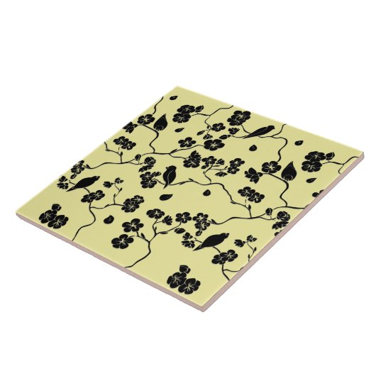 Birnen auf Kirschblüten Schwarz auf Zitronengelb Fliese (Seite)