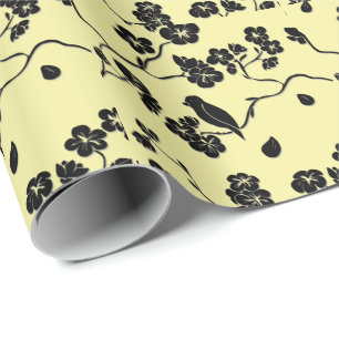 Birnen auf Kirschblüten Schwarz auf Zitronengelb Geschenkpapier